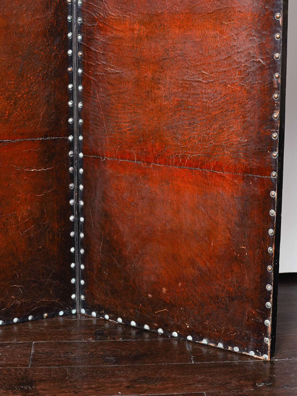 19th Century European Brown Leather Screen In Distressed Condition In Nashville, TN